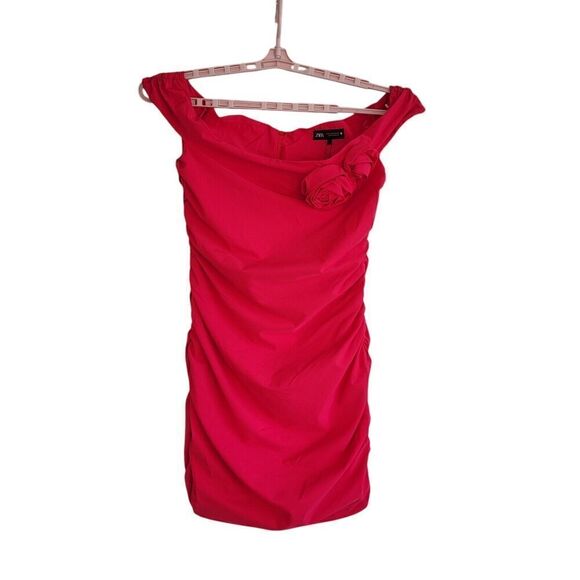 NEW ZARA Off-the-Shoulder Draped Mini Dress Rosette Floral XL Pink 3466/880 Prom - Picture 2 of 13
